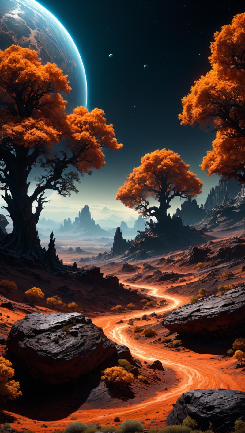 01366-3843597489-Landscape of a dark far away planet, rock and organic soil, glowing trees, UHD, masterpiece, trending on artstation, sharp focus.png